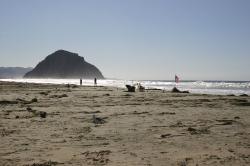 An American flag flies on the beach near Morro Rock. 